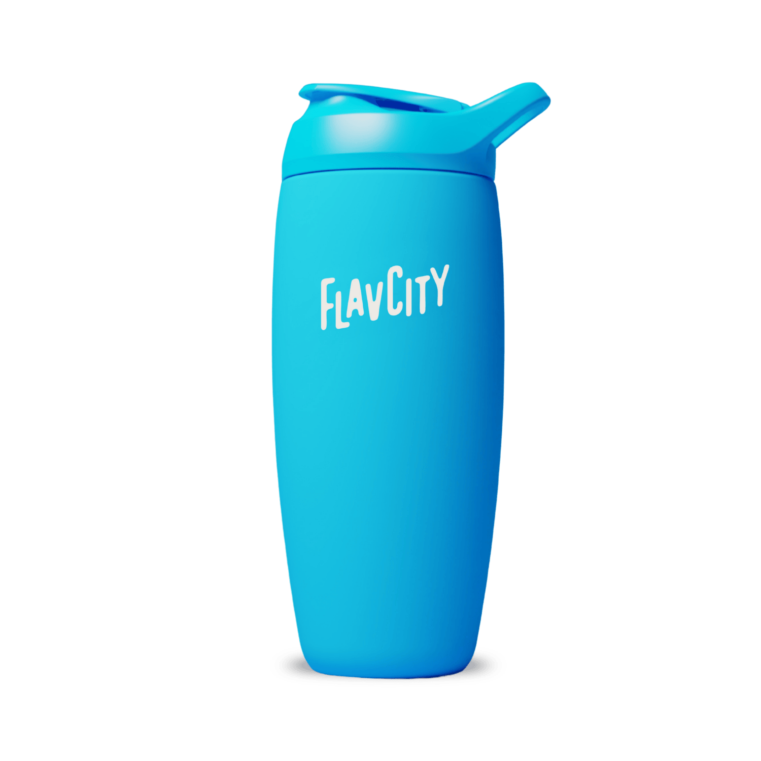 The Shop FlavCity Shaker Bottle is a bright blue insulated stainless steel bottle with a flip-top lid and "FLAVCITY" printed in white on the front—ideal for lump-free shakes, shown upright on a plain white background.