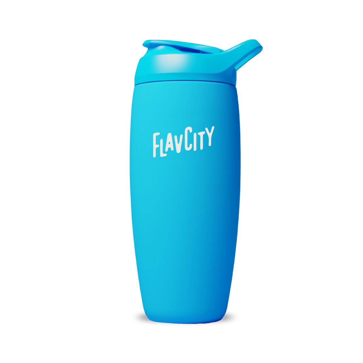 The Shop FlavCity Shaker Bottle is a bright blue insulated stainless steel bottle with a flip-top lid and "FLAVCITY" printed in white on the front—ideal for lump-free shakes, shown upright on a plain white background.