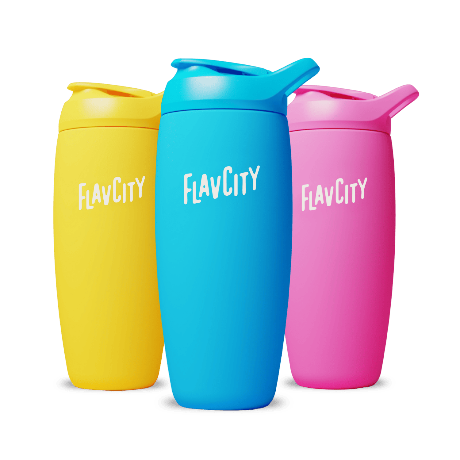 Shop FlavCity Shaker Bottles in yellow, blue, and pink feature "FLAVCITY" in white. Sold as a set of three, these reusable insulated bottles are ideal for mixing lump-free shakes on the go. Displayed side by side on a white background.