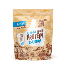 FlavCity Chocolate Peanut Butter All-in-One Vegan Protein Smoothie mix in a resealable beige bag. The design features a white thumb-up graphic and text promoting 'Just add plant-based milk,' '20g protein per serving,' 'Made with almond protein,' and 'Bobby Approved,' with illustrations of peanuts, chocolate pieces, and almond pods.