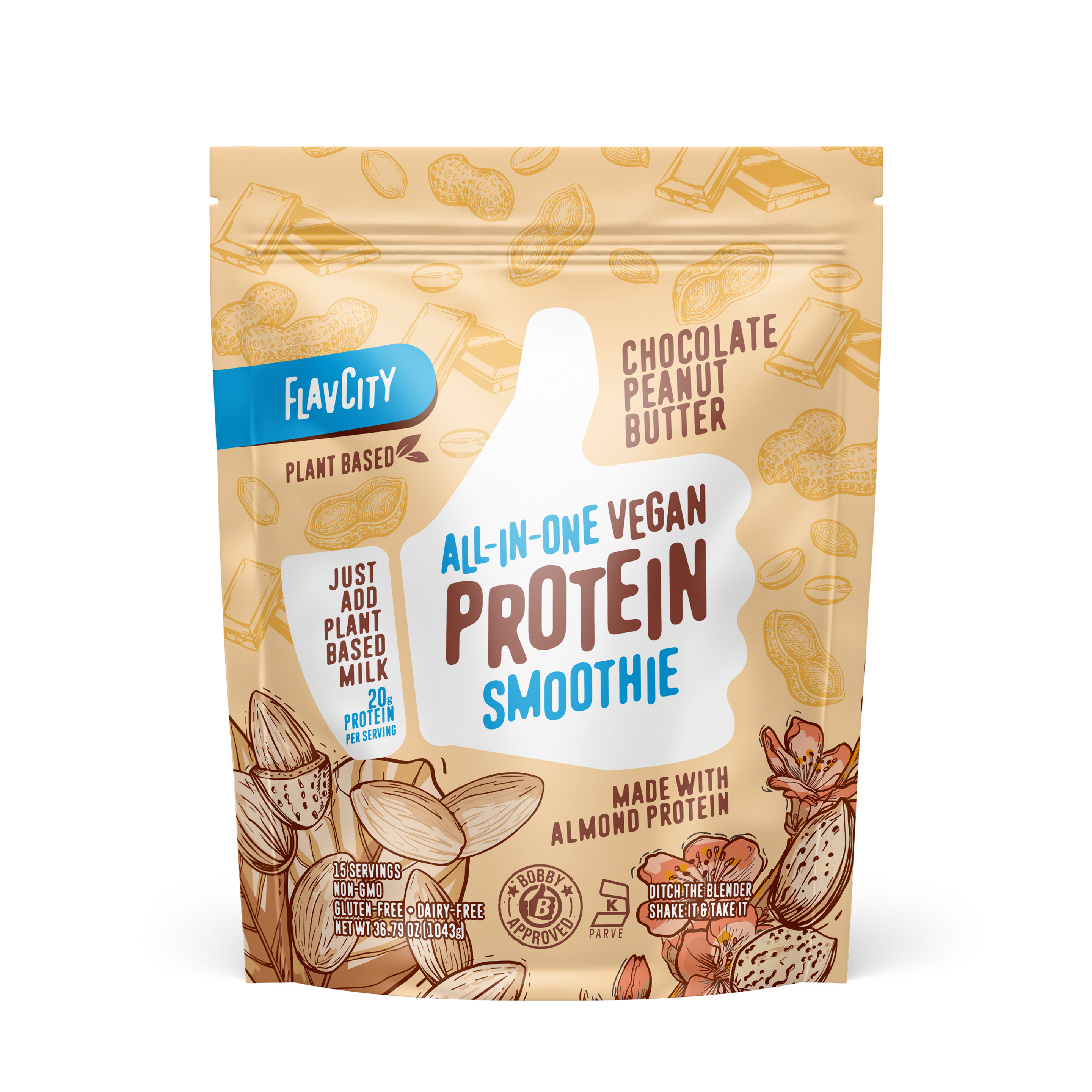 FlavCity Chocolate Peanut Butter All-in-One Vegan Protein Smoothie mix in a resealable beige bag. The design features a white thumb-up graphic and text promoting 'Just add plant-based milk,' '20g protein per serving,' 'Made with almond protein,' and 'Bobby Approved,' with illustrations of peanuts, chocolate pieces, and almond pods.