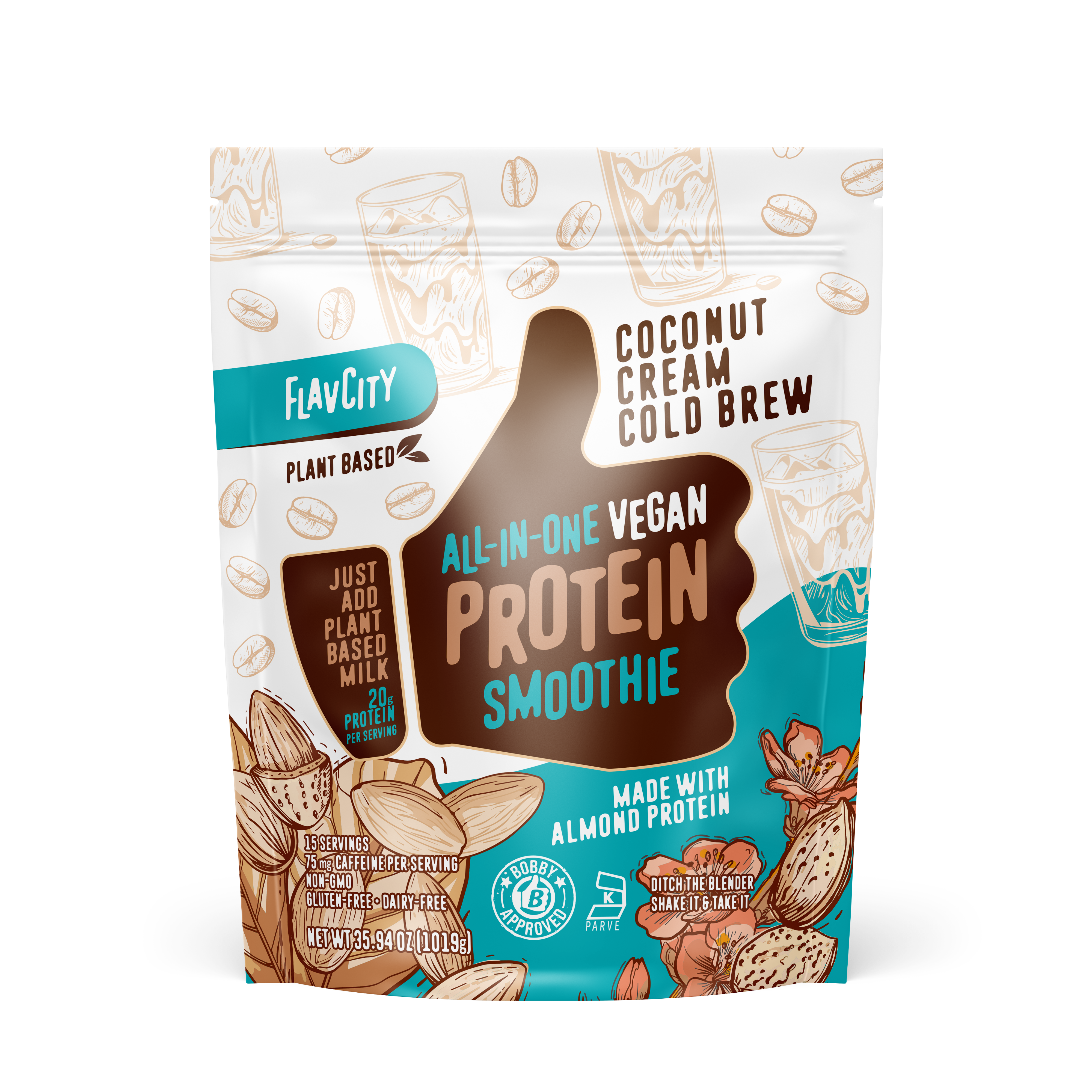 A bag of plant-based protein smoothie powder with a 'Vegan Coconut Cream Cold Brew' flavor, featuring a tropical design with coconut and coffee imagery on the packaging.