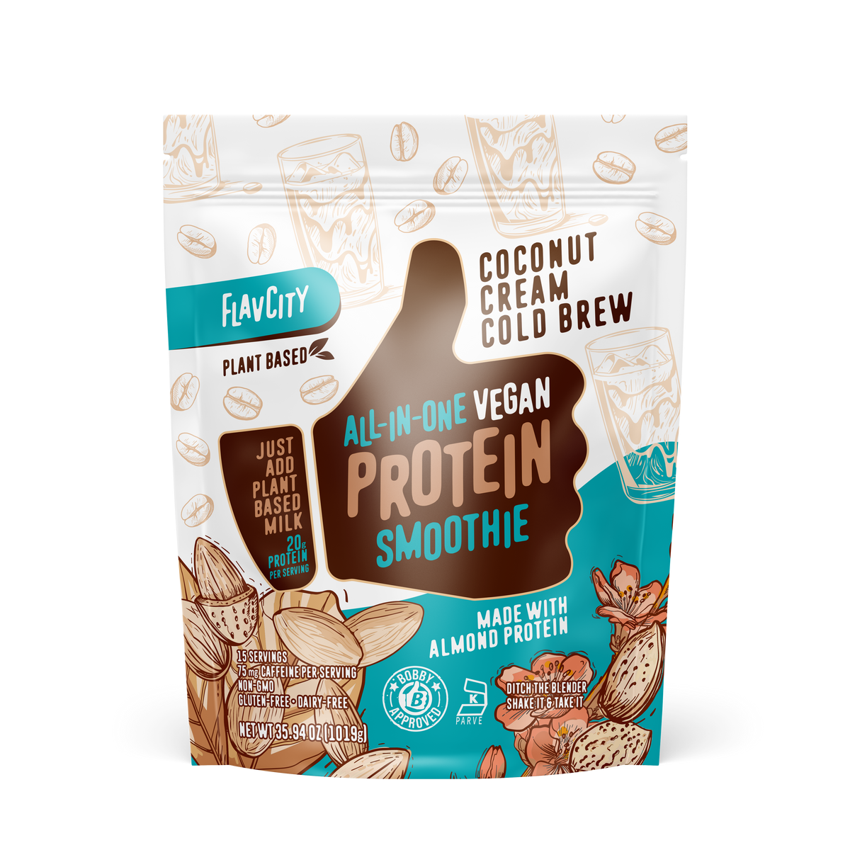 A bag of plant-based protein smoothie powder with a 'Vegan Coconut Cream Cold Brew' flavor, featuring a tropical design with coconut and coffee imagery on the packaging.