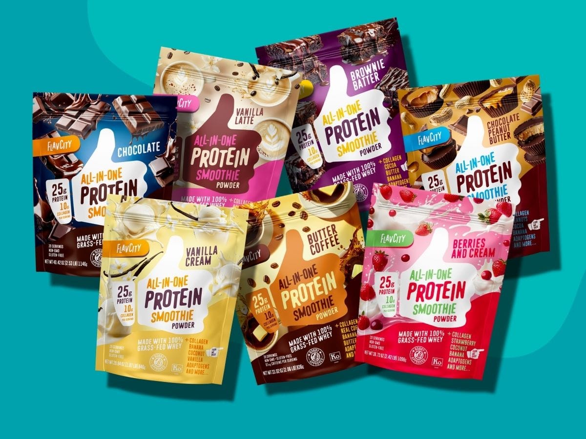 Seven colorful Fun City All-In-One Protein Smoothie powder packets in various flavors, including chocolate, vanilla latte, brownie batter, vanilla cream, butter coffee, chocolate espresso, and berries and cream.
