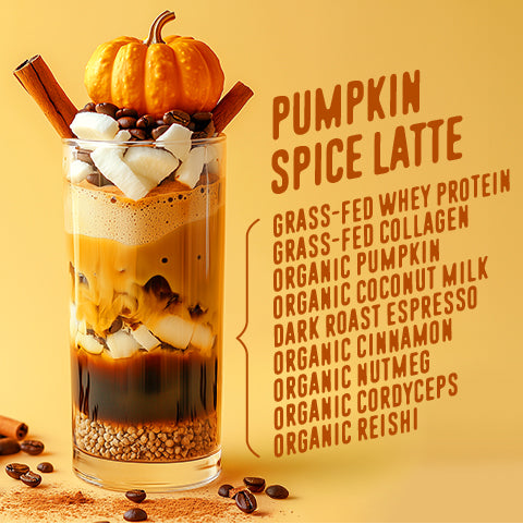 Glass of flavcity pumpkin spice latte topped with whipped cream, coffee beans, cinnamon stick, and a mini pumpkin, with ingredient list on a yellow background.