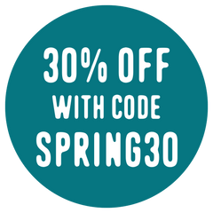 White text on a teal circle reading: “30% off with code SPRING30.”.