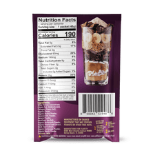 A nutrition facts label on a purple Shop FlavCity Protein Smoothie: Single-Serve Packet shows 190 calories per serving. The package features a tall glass with layers of bananas, chocolate, and other dessert-inspired ingredients.