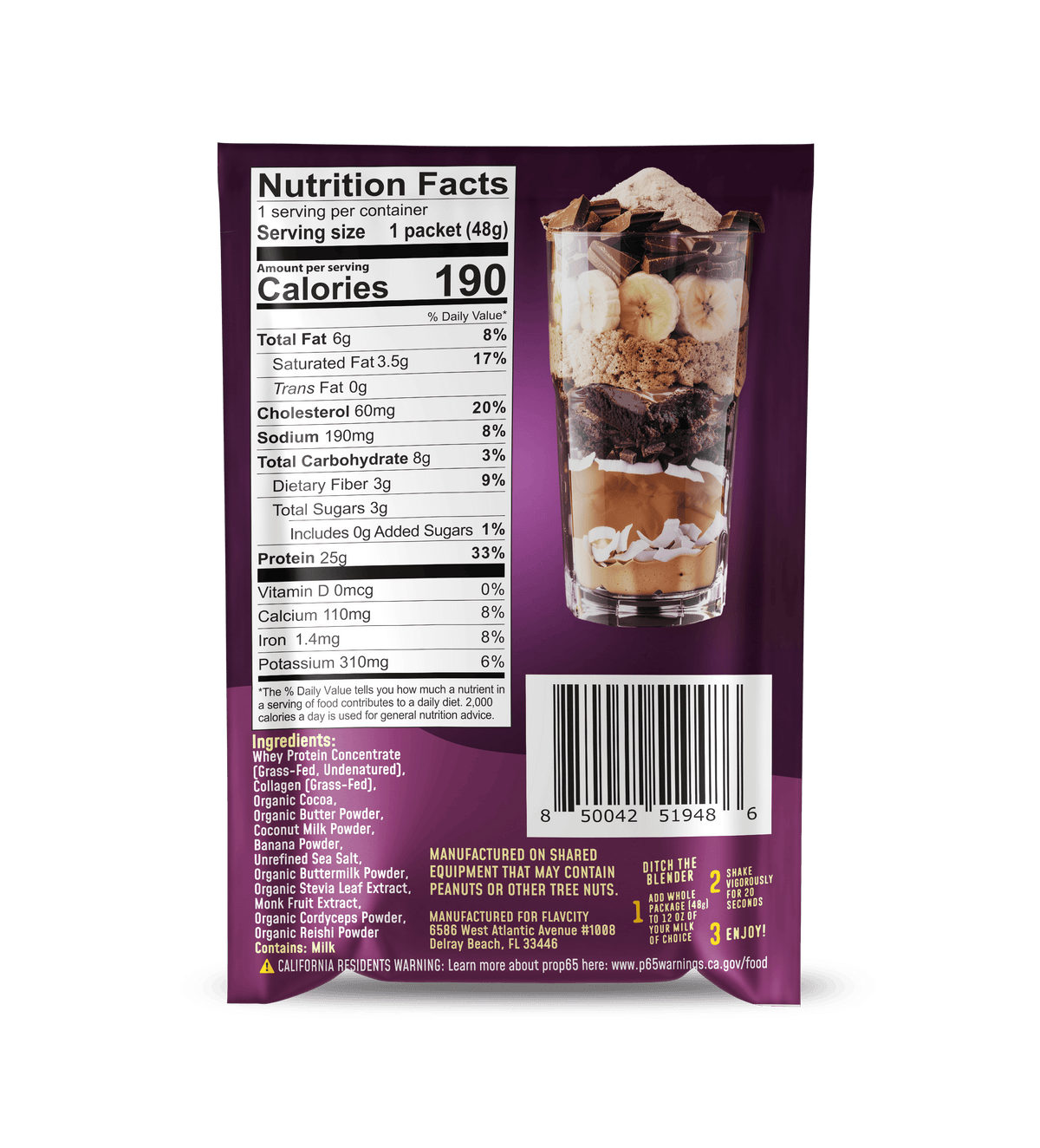 A nutrition facts label on a purple Shop FlavCity Protein Smoothie: Single-Serve Packet shows 190 calories per serving. The package features a tall glass with layers of bananas, chocolate, and other dessert-inspired ingredients.