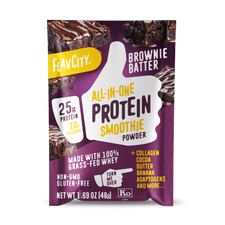 Front of a Shop FlavCity Protein Smoothie: Single-Serve Packets pouch, highlighting 25g protein and 10g collagen per serving. These non-GMO, gluten-free smoothies feature grass-fed whey in convenient single-serve packets.