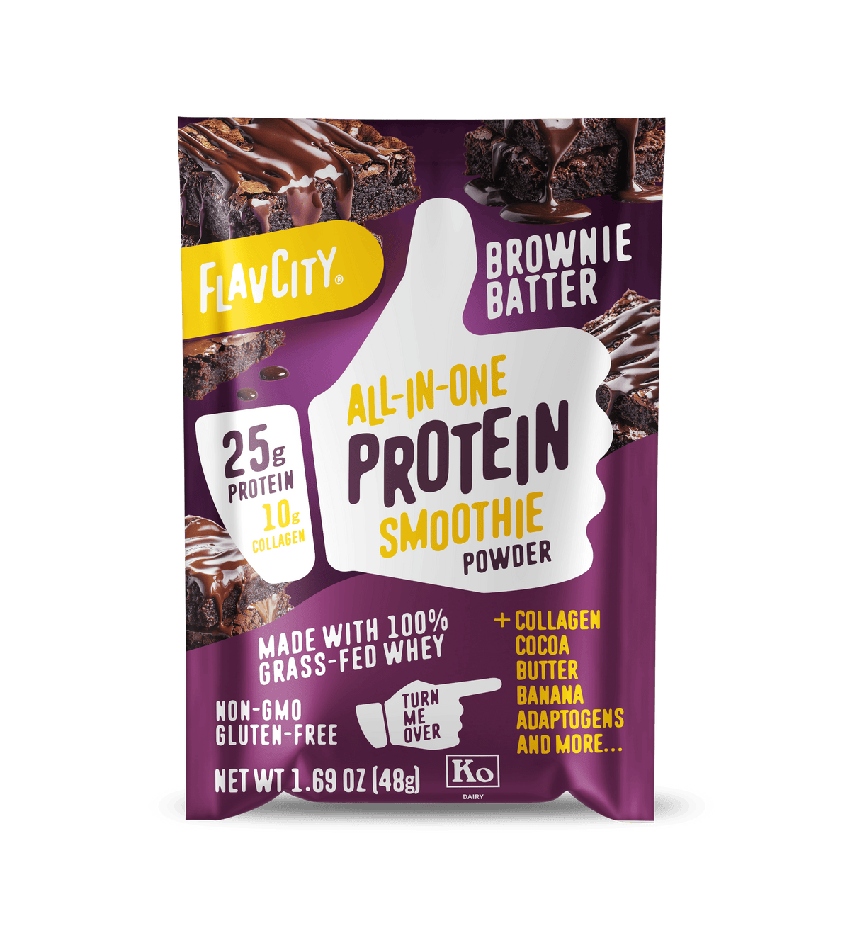 Front of a Shop FlavCity Protein Smoothie: Single-Serve Packets pouch, highlighting 25g protein and 10g collagen per serving. These non-GMO, gluten-free smoothies feature grass-fed whey in convenient single-serve packets.
