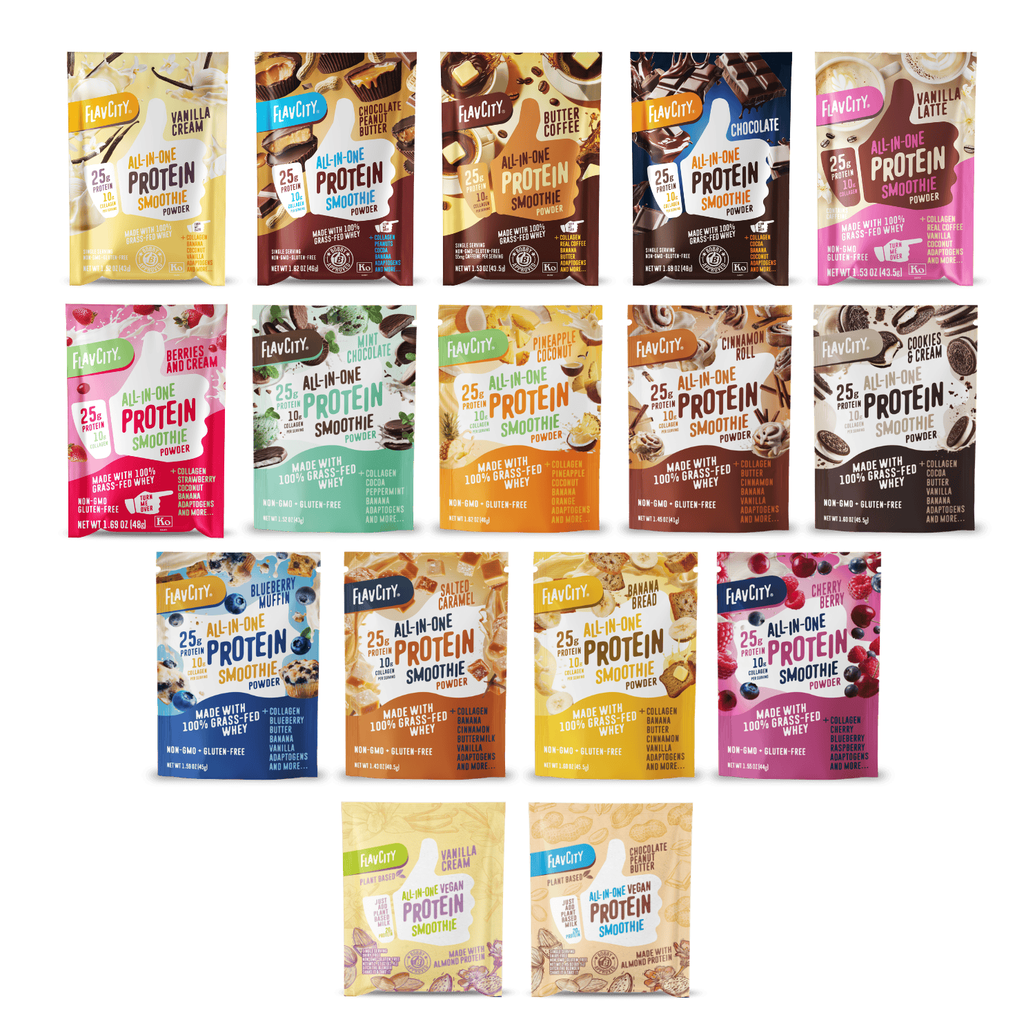 Fifteen Shop FlavCity Protein Smoothie: Single-Serve Packets in assorted flavors—vanilla, chocolate, mocha, matcha, peanut butter, and more—arranged in three rows on a white background for convenient on-the-go protein.