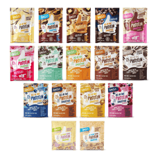Fifteen Shop FlavCity Protein Smoothie: Single-Serve Packets in assorted flavors—vanilla, chocolate, mocha, matcha, peanut butter, and more—arranged in three rows on a white background for convenient on-the-go protein.