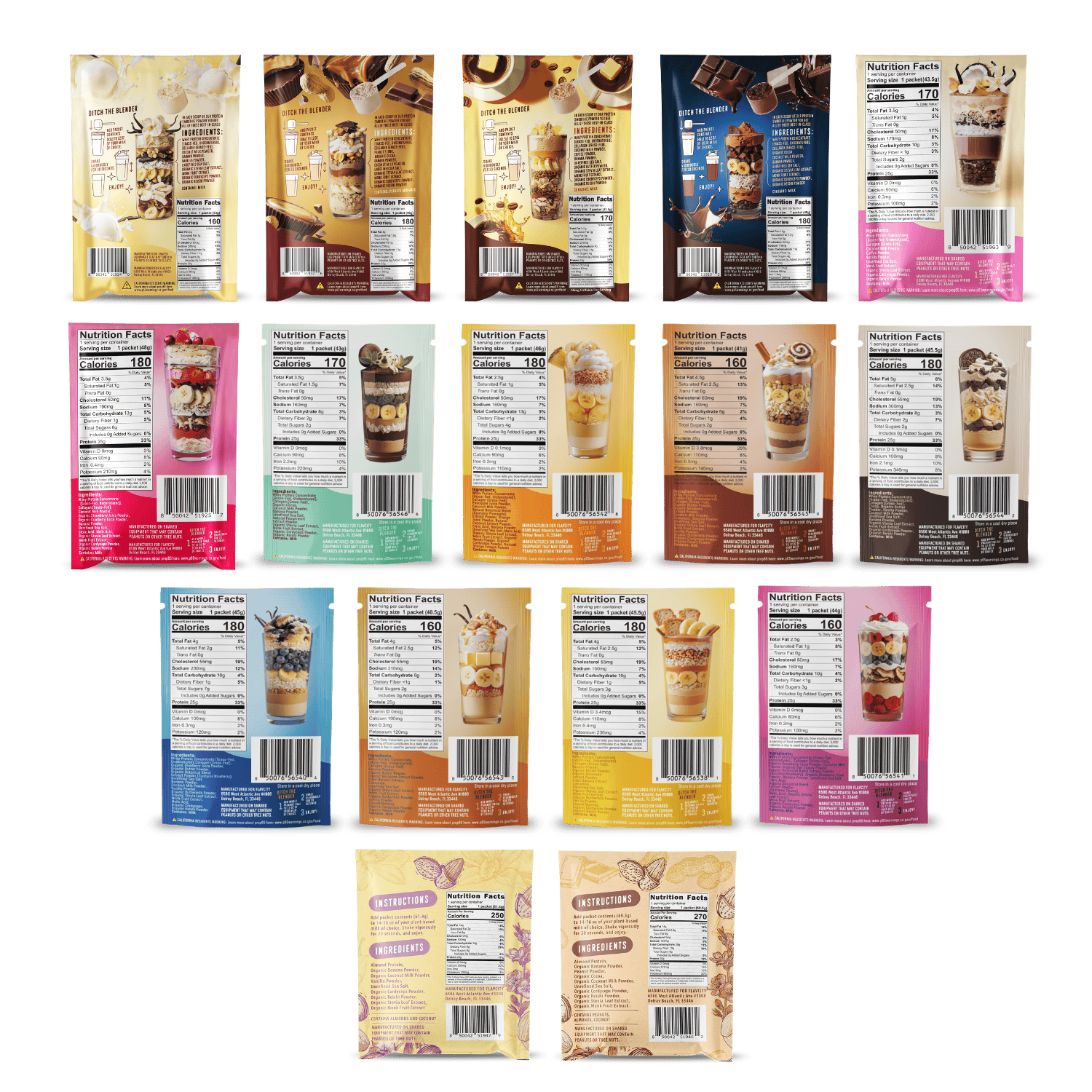 Sixteen Shop FlavCity Protein Smoothie: Single-Serve Packets are arranged in four rows, each front showing parfait images and nutrition facts on the back. Two yellow packets at the bottom are ideal for on-the-go protein needs.