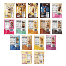 Sixteen Shop FlavCity Protein Smoothie: Single-Serve Packets are arranged in four rows, each front showing parfait images and nutrition facts on the back. Two yellow packets at the bottom are ideal for on-the-go protein needs.