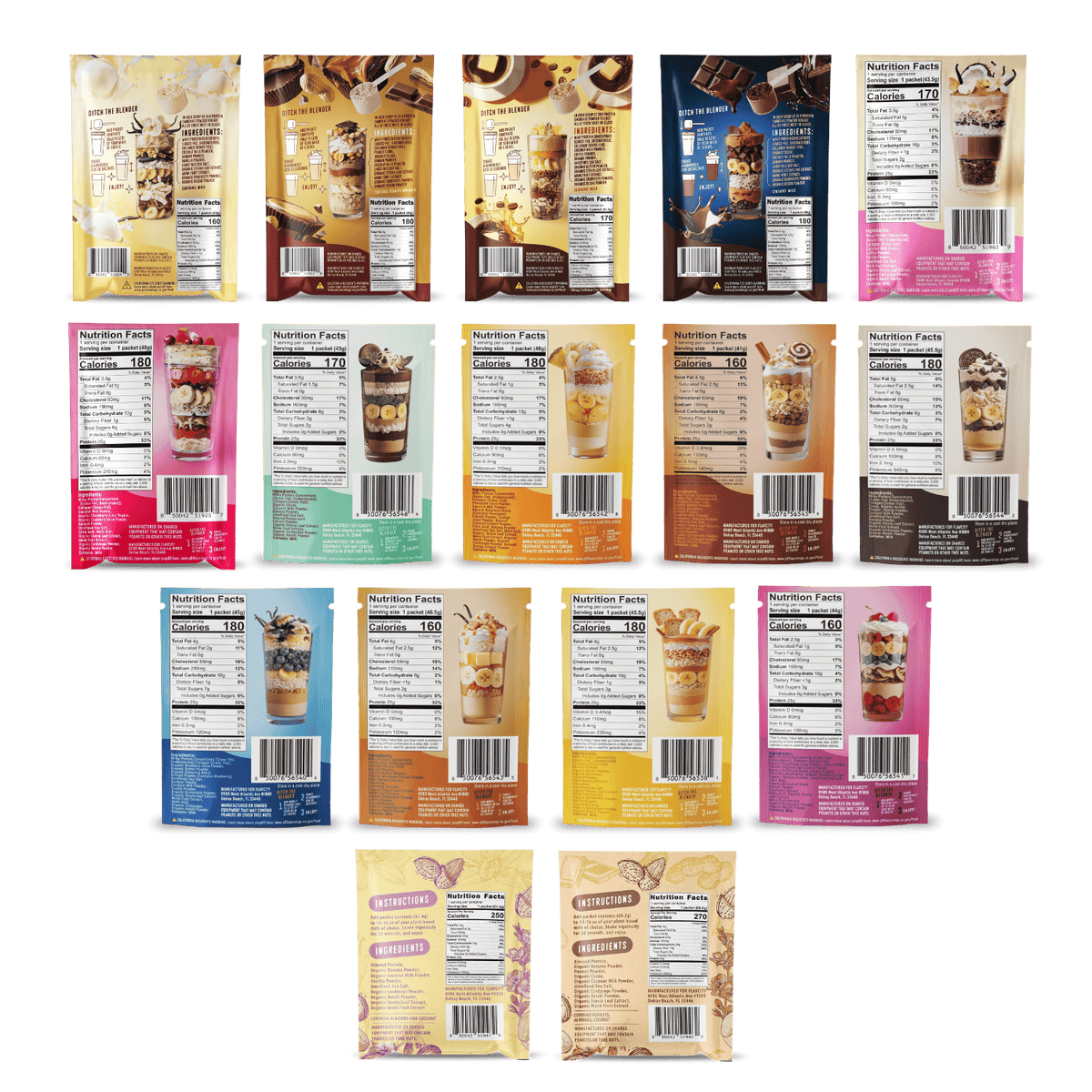 Sixteen Shop FlavCity Protein Smoothie: Single-Serve Packets are arranged in four rows, each front showing parfait images and nutrition facts on the back. Two yellow packets at the bottom are ideal for on-the-go protein needs.
