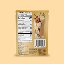 Back of a Shop FlavCity Salted Caramel Protein Smoothie packet showing the nutrition facts, ingredients list, and a small illustration of a drink in a glass.