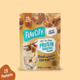 A single-serving Salted Caramel Protein Smoothie Packets powder packet featuring images of caramel cubes, a glass of banana smoothie, and a Bobby Approved seal.