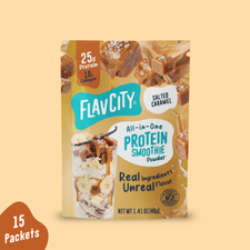 A single-serving Salted Caramel Protein Smoothie Packets powder packet featuring images of caramel cubes, a glass of banana smoothie, and a Bobby Approved seal.