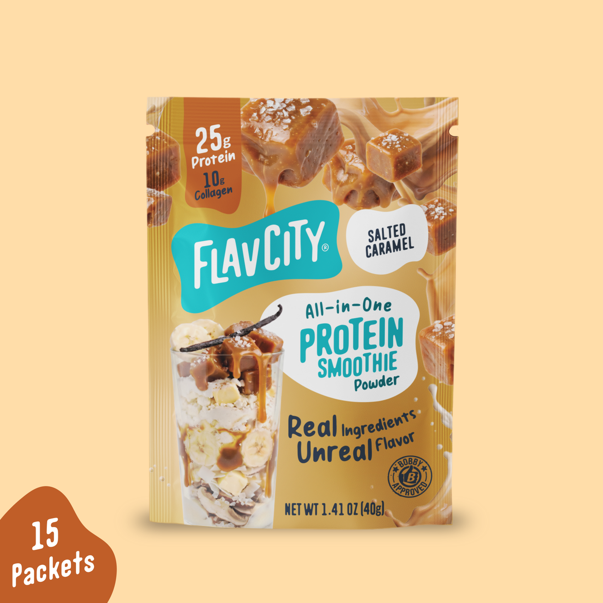A single-serving Salted Caramel Protein Smoothie Packets powder packet featuring images of caramel cubes, a glass of banana smoothie, and a Bobby Approved seal.