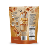 Back of a Shop FlavCity Salted Caramel Protein Smoothie bag, displaying a stacked glass with banana, caramel squares, and ice cream; features grass-fed whey, prep steps, nutrition info, and caramel swirl art on a golden backdrop.