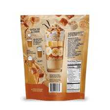 Back of a Shop FlavCity Salted Caramel Protein Smoothie bag, displaying a stacked glass with banana, caramel squares, and ice cream; features grass-fed whey, prep steps, nutrition info, and caramel swirl art on a golden backdrop.