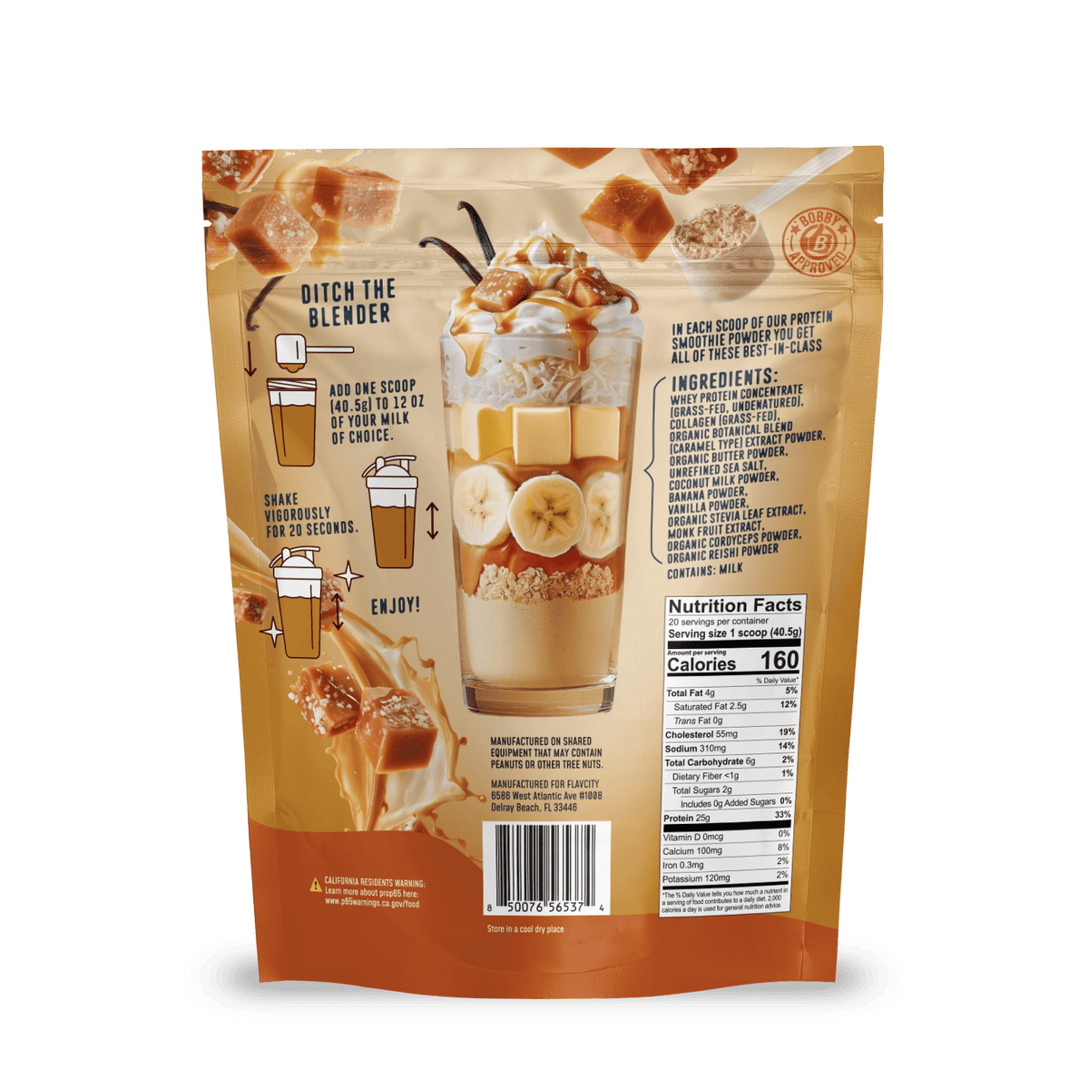 Back of a Shop FlavCity Salted Caramel Protein Smoothie bag, displaying a stacked glass with banana, caramel squares, and ice cream; features grass-fed whey, prep steps, nutrition info, and caramel swirl art on a golden backdrop.
