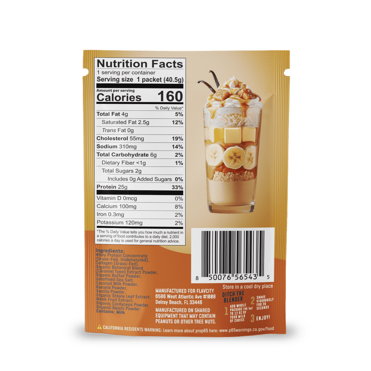 Rear view of a Shop FlavCity Salted Caramel Protein Smoothie Packet displaying nutrition facts, a barcode, and an image of a layered dessert topped with bananas, whipped cream, and chocolate shavings. Text includes serving size, calories, and nutritional breakdown.
