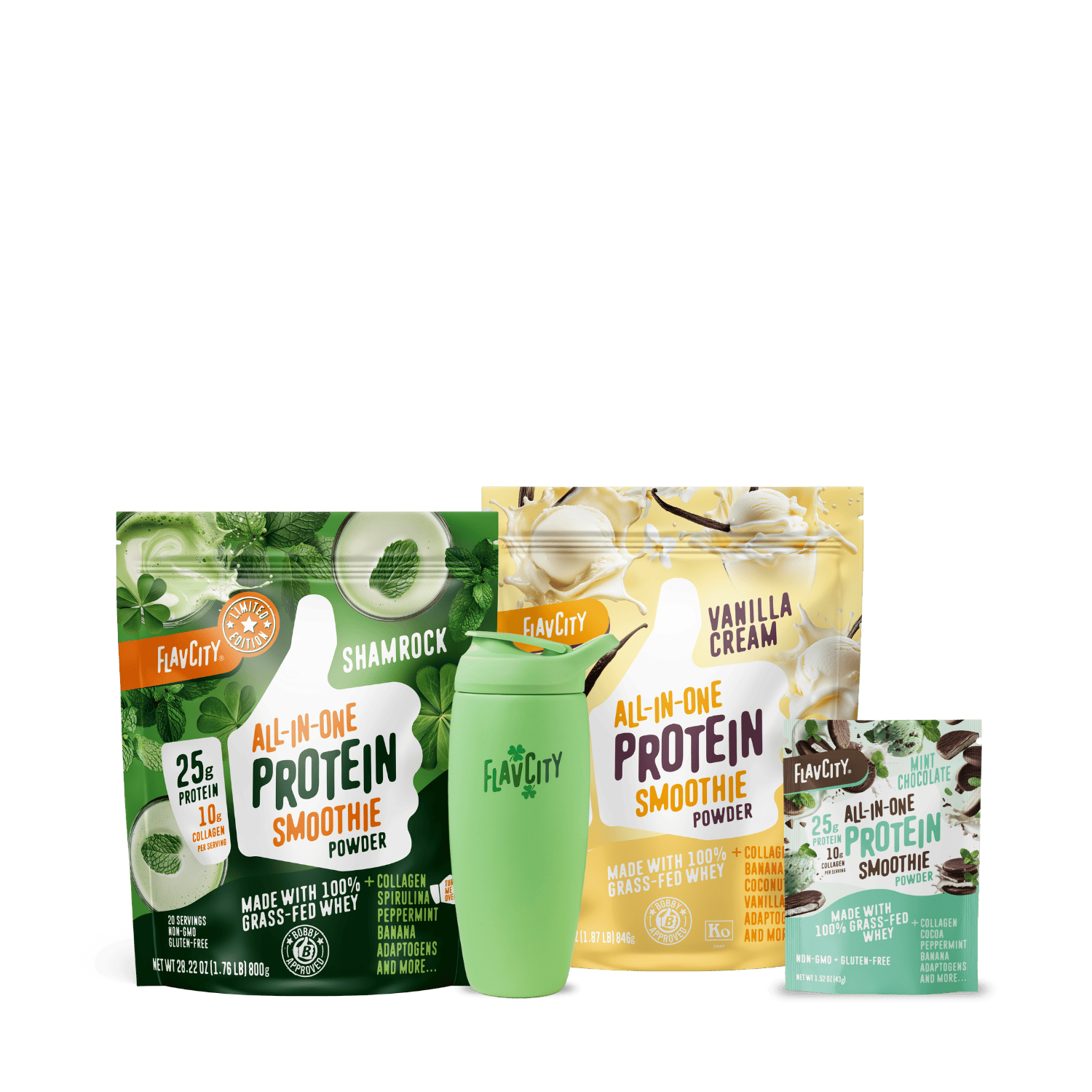 The Shop FlavCity Lucky Blend Shamrock Smoothie Bundle features limited edition Shamrock Protein Smoothie, Vanilla Cream, Chocolate protein powders (25g grass-fed whey each), and a green shaker bottle, all displayed on a white background.