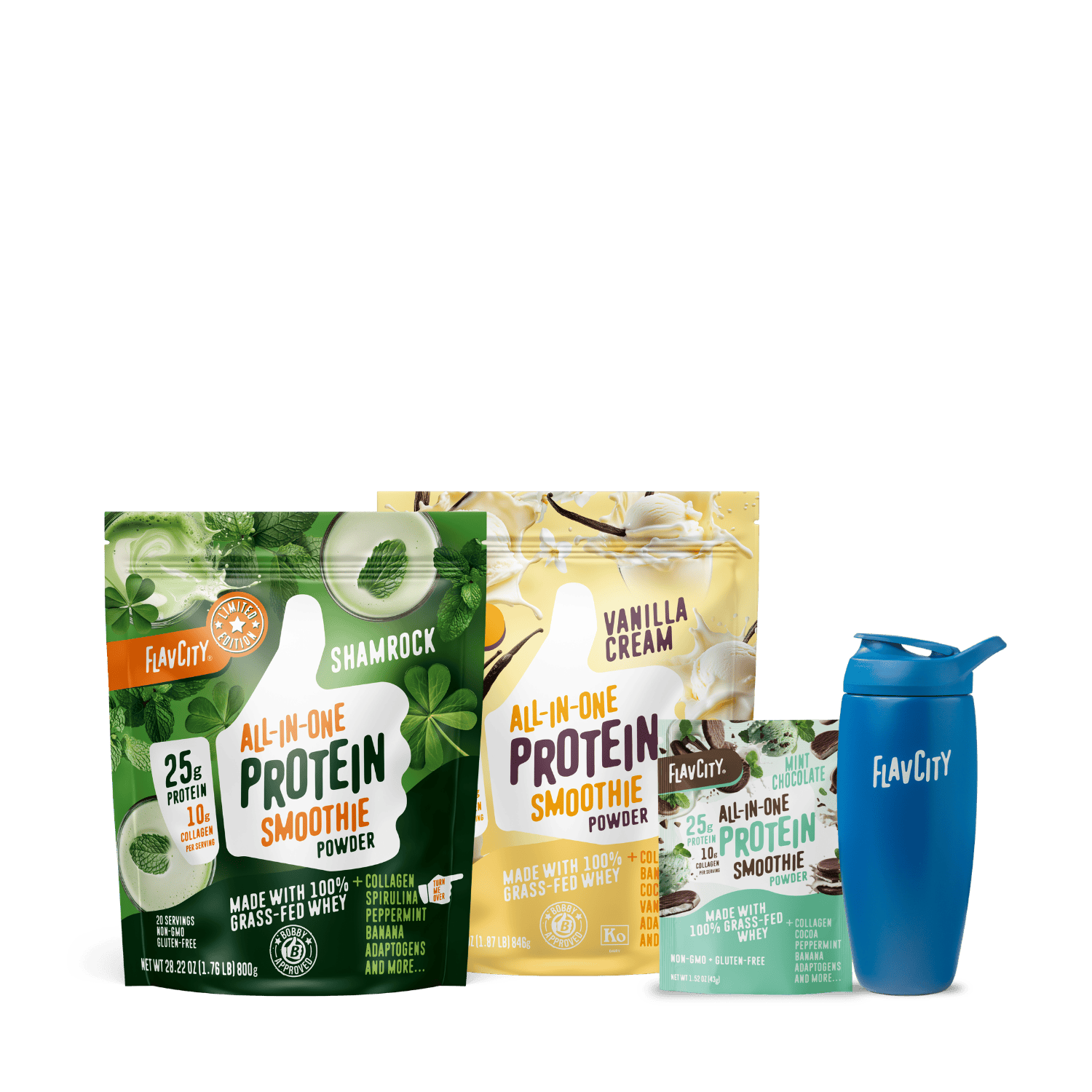 Four FlavCity protein smoothie products—two large bags (Shamrock and Vanilla Cream flavors), one smaller Chocolate sample pouch, and a blue FlavCity shaker bottle—arranged on a plain white background.