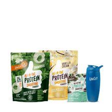 Four FlavCity protein smoothie products—two large bags (Shamrock and Vanilla Cream flavors), one smaller Chocolate sample pouch, and a blue FlavCity shaker bottle—arranged on a plain white background.