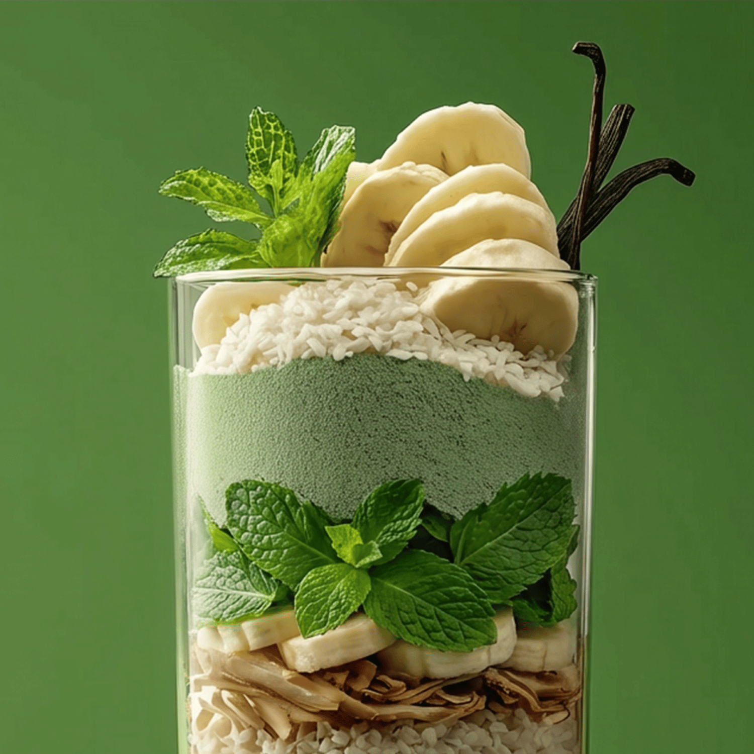 A layered parfait in a glass with rice, banana slices, mint leaves, green matcha powder, shredded coconut, and vanilla beans, set against a solid green background.