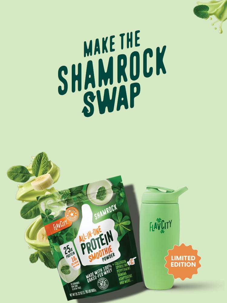 Flav City Shamrock protein powder package with a green tumbler on a light green background