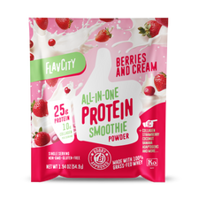 Front panel of FlavCity Berries and Cream all-in-one protein smoothie powder single serving packet. Features bold text highlighting 25g protein and 10g collagen per serving. Pink and white design with fresh strawberries and cream splashes. Product is non-GMO, gluten-free, and made with 100% grass-fed whey. Bobby Approved seal and Kosher dairy certification visible. Net weight 1.94 oz (54.9g).