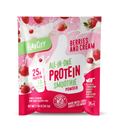 Front panel of FlavCity Berries and Cream all-in-one protein smoothie powder single serving packet. Features bold text highlighting 25g protein and 10g collagen per serving. Pink and white design with fresh strawberries and cream splashes. Product is non-GMO, gluten-free, and made with 100% grass-fed whey. Bobby Approved seal and Kosher dairy certification visible. Net weight 1.94 oz (54.9g).