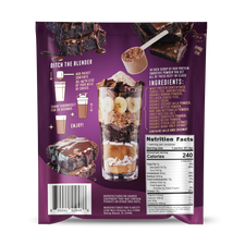Back panel of FlavCity Brownie Batter protein smoothie powder packet. Shows preparation instructions, nutritional facts panel with 240 calories and 25g protein per serving, and ingredient list featuring grass-fed whey protein, collagen, and organic ingredients. Purple background with chocolate brownie imagery and smoothie preparation diagram.