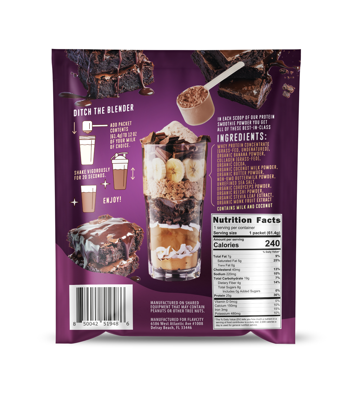 Back panel of FlavCity Brownie Batter protein smoothie powder packet. Shows preparation instructions, nutritional facts panel with 240 calories and 25g protein per serving, and ingredient list featuring grass-fed whey protein, collagen, and organic ingredients. Purple background with chocolate brownie imagery and smoothie preparation diagram.