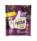 Front panel of FlavCity Brownie Batter all-in-one protein smoothie powder single-serving packet. Features 25g protein, 10g collagen per serving. Non-GMO, gluten-free, grass-fed whey product. Purple packaging with dripping chocolate brownies imagery and Bobby-approved certification seal.