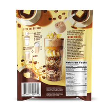 Instructions and nutritional information for FlavCity Butter Coffee Protein Smoothie. Features step-by-step mixing directions, ingredient list highlighting grass-fed whey protein, collagen, and organic ingredients. Shows layered smoothie presentation with coffee beans and banana slices. Nutrition facts panel displays 180 calories per 46.8g serving with 25g protein. Contains allergy warning for milk and coconut