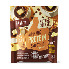 FlavCity Butter Coffee All-in-One Protein Smoothie Powder packet featuring 25g protein and 10g collagen per serving. Non-GMO, gluten-free single serving packet with butter coffee theme. Package displays coffee cups with butter cubes and coffee bean imagery on warm yellow and brown background. Bobby Approved and Kosher certified