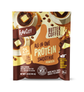 FlavCity Butter Coffee All-in-One Protein Smoothie Powder packet featuring 25g protein and 10g collagen per serving. Non-GMO, gluten-free single serving packet with butter coffee theme. Package displays coffee cups with butter cubes and coffee bean imagery on warm yellow and brown background. Bobby Approved and Kosher certified