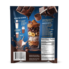 Back panel of FlavCity All-in-One Protein Smoothie powder packet in chocolate flavor. Shows nutrition facts panel displaying 220 calories and 25g protein per serving. Features step-by-step mixing instructions with icons, premium ingredients list including grass-fed whey protein and adaptogens, and a layered smoothie glass illustration with chocolate, banana, and coconut ingredients. Dark blue background with chocolate imagery
