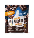 Front panel of FlavCity chocolate protein smoothie powder packet. Features white thumbs-up logo with ‘25g Protein’ and ‘10g Collagen’ prominently displayed. Package highlights ‘All-in-One Protein Smoothie Powder’ in bold text, includes Bobby Approved seal, and Kosher dairy certification. Shows breaking chocolate bars against deep blue background. Single-serving packet contains 57.3g of non-GMO, gluten-free powder