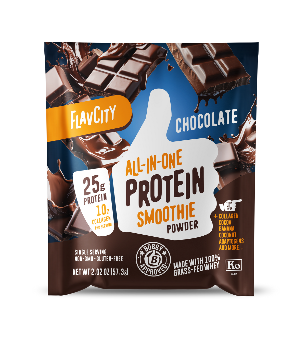 Front panel of FlavCity chocolate protein smoothie powder packet. Features white thumbs-up logo with ‘25g Protein’ and ‘10g Collagen’ prominently displayed. Package highlights ‘All-in-One Protein Smoothie Powder’ in bold text, includes Bobby Approved seal, and Kosher dairy certification. Shows breaking chocolate bars against deep blue background. Single-serving packet contains 57.3g of non-GMO, gluten-free powder