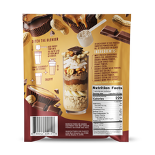 Back panel of FlavCity Chocolate Peanut Butter Protein Smoothie powder packet. Features preparation instructions, nutrition facts panel showing 220 calories and 25g protein per serving, and ingredient list including grass-fed whey protein, collagen, and organic ingredients. Golden background with chocolate peanut butter cup imagery and manufacturing information.