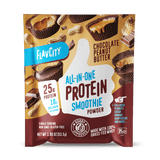 A pouch of Shop FlavCity Chocolate Peanut Butter Protein Smoothie, featuring peanut butter cups and peanuts on the packaging, with highlights of 25g protein, 10g collagen protein, and premium grass-fed whey protein.