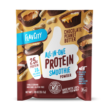 Front panel of FlavCity All-in-One Protein Smoothie powder in Chocolate Peanut Butter flavor. Single-serving packet containing 25g protein and 10g collagen per serving. Non-GMO and gluten-free. Features Bobby-approved seal and grass-fed whey certification. Package design includes chocolate peanut butter cups, peanuts, and chocolate squares on golden background with burgundy base.