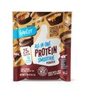 Front panel of FlavCity All-in-One Protein Smoothie powder in Chocolate Peanut Butter flavor. Single-serving packet containing 25g protein and 10g collagen per serving. Non-GMO and gluten-free. Features Bobby-approved seal and grass-fed whey certification. Package design includes chocolate peanut butter cups, peanuts, and chocolate squares on golden background with burgundy base.
