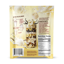 Back panel of FlavCity Vanilla Cream Protein Smoothie powder package featuring preparation instructions, nutrition facts panel, and ingredient list. The package displays simple shake instructions with icons, ingredients including grass-fed whey protein and collagen, and a complete nutrition facts label showing 160 calories and 25g protein per serving. Background features vanilla beans and creamy splashes on a soft yellow backdrop.