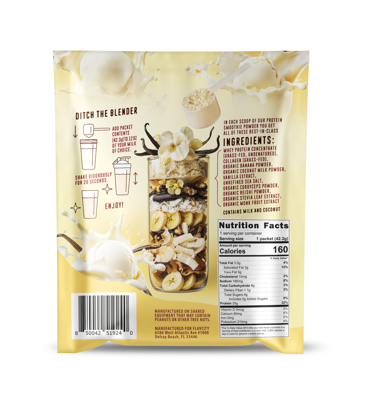 Back panel of FlavCity Vanilla Cream Protein Smoothie powder package featuring preparation instructions, nutrition facts panel, and ingredient list. The package displays simple shake instructions with icons, ingredients including grass-fed whey protein and collagen, and a complete nutrition facts label showing 160 calories and 25g protein per serving. Background features vanilla beans and creamy splashes on a soft yellow backdrop.