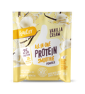 Front panel of FlavCity Vanilla Cream All-in-One Protein Smoothie powder single-serving packet. Package features modern typography highlighting ‘25g Protein’ and ‘10g Collagen’ on a cream-yellow background with dynamic milk splashes and vanilla beans. Product is labeled as non-GMO, gluten-free, and displays the Bobby Approved seal. Design includes floating vanilla ice cream scoops and vanilla pods for visual appeal.